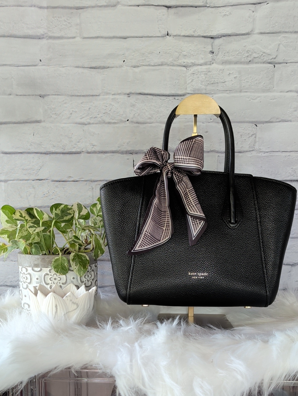 kate spade Black Pebbled Leather Satchel With Scarf